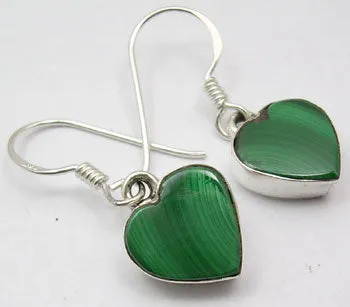 Solid Silver Malachite  Heart Drop Earrings