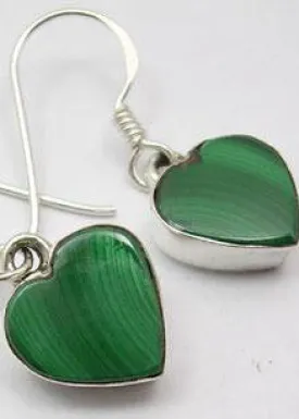 Solid Silver Malachite  Heart Drop Earrings
