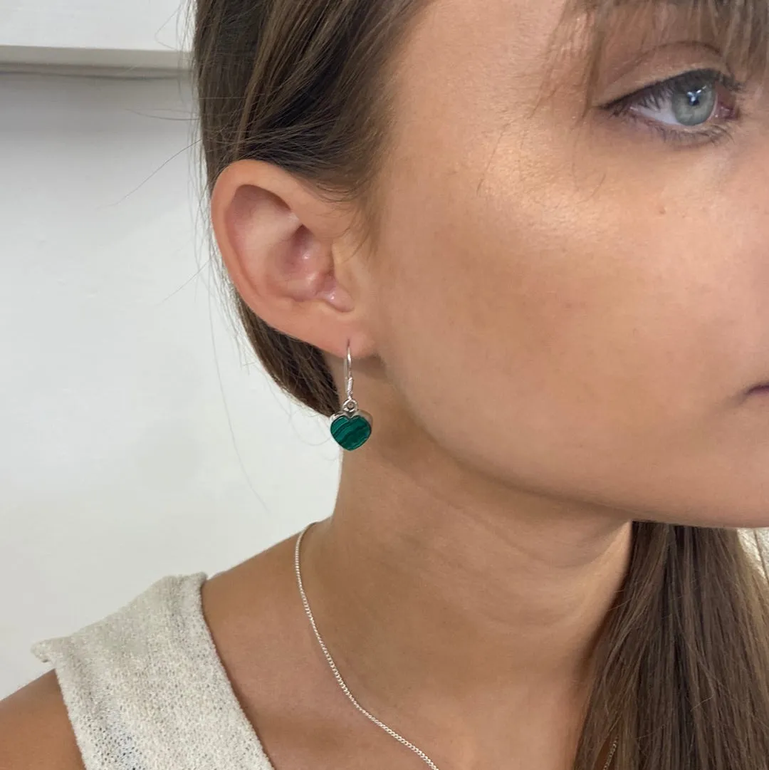 Solid Silver Malachite  Heart Drop Earrings