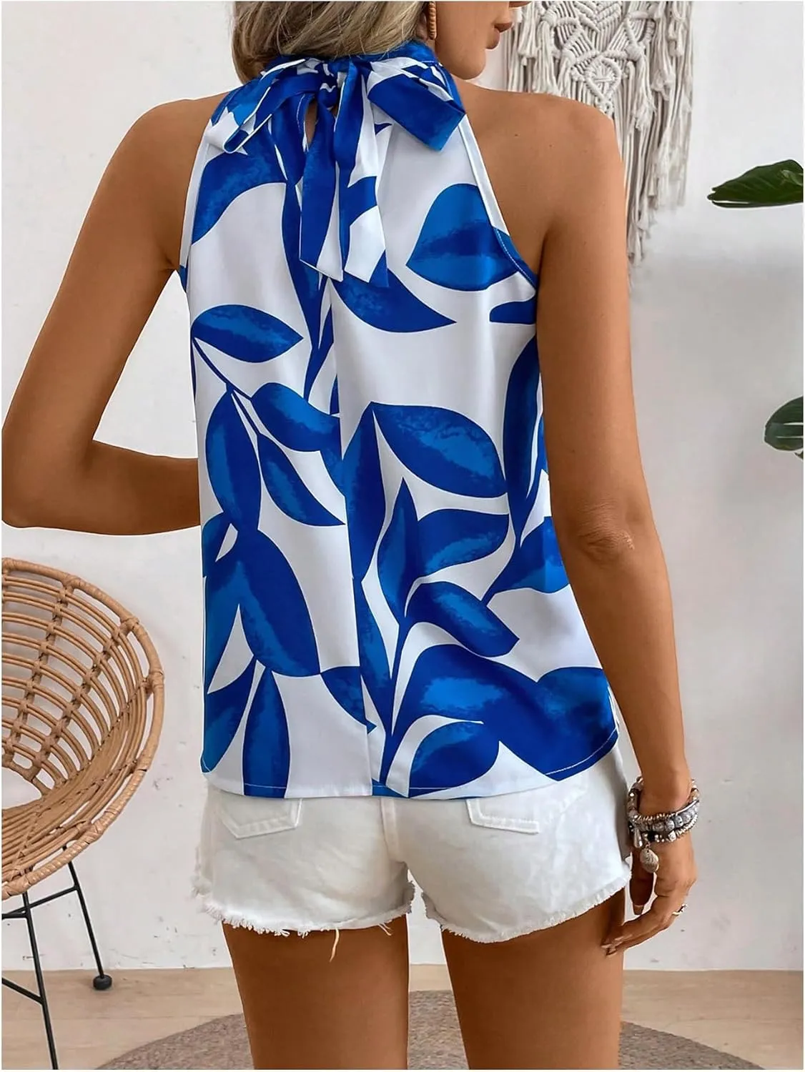 SweatyRocks Women's Boho Printed Halter Top Tie Mock Neck Sleeveless Blouses