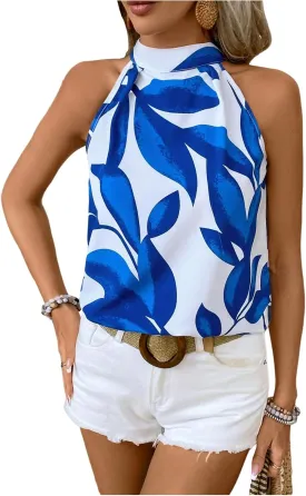 SweatyRocks Women's Boho Printed Halter Top Tie Mock Neck Sleeveless Blouses