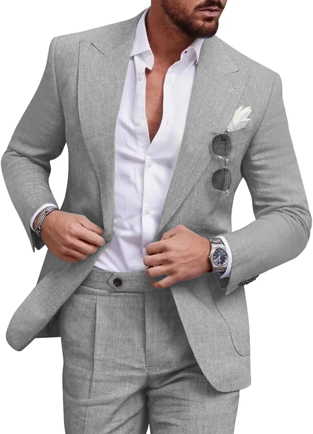 UNINUKOO Linen Suit for Men Summer Wedding 2 Piece Suit Set Peak Lapel Casual Blazer Pants Beach Wear for Men US Size S Airy Blue