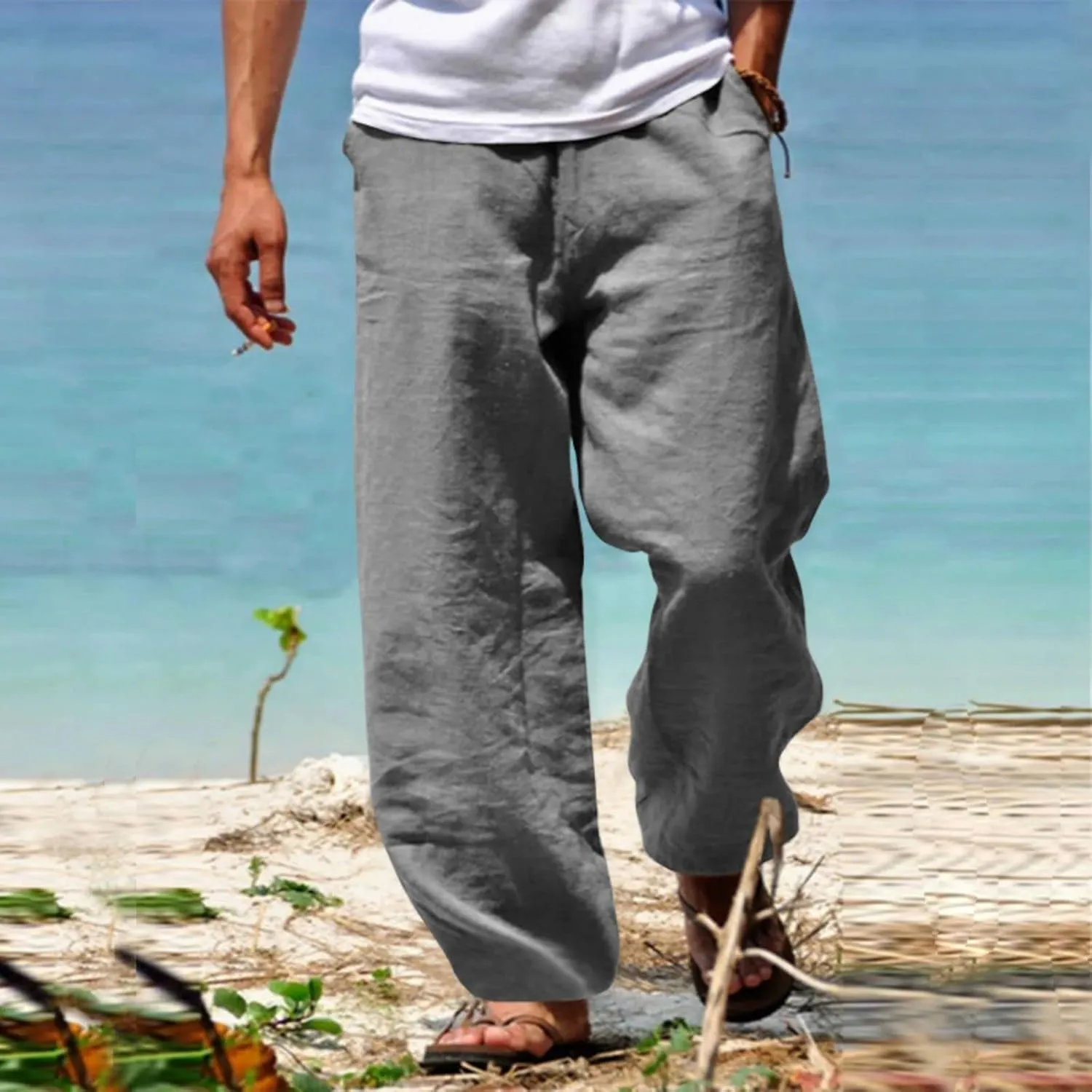 Wankang Linen Pants for Men Loose Fit Elastic Waist Drawstring Yoga Beach Pants Casual Lightweight Hippie Trousers
