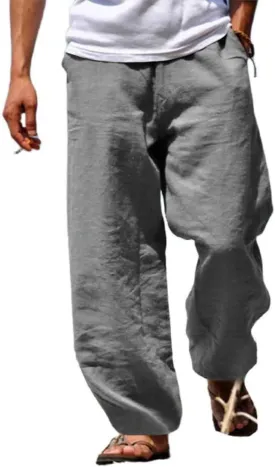 Wankang Linen Pants for Men Loose Fit Elastic Waist Drawstring Yoga Beach Pants Casual Lightweight Hippie Trousers