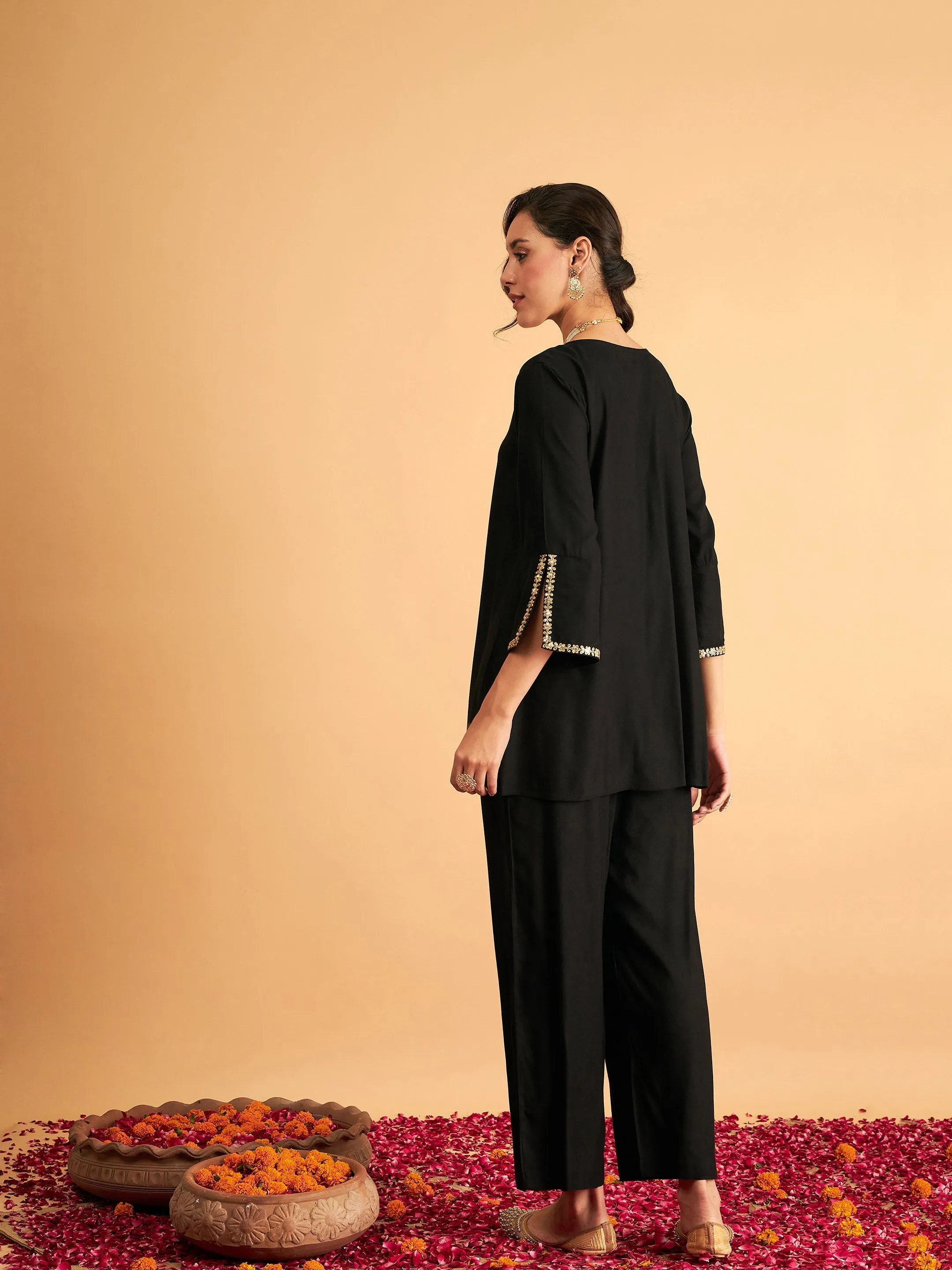 Women Black Embroidered A Line Top With Straight Pants
