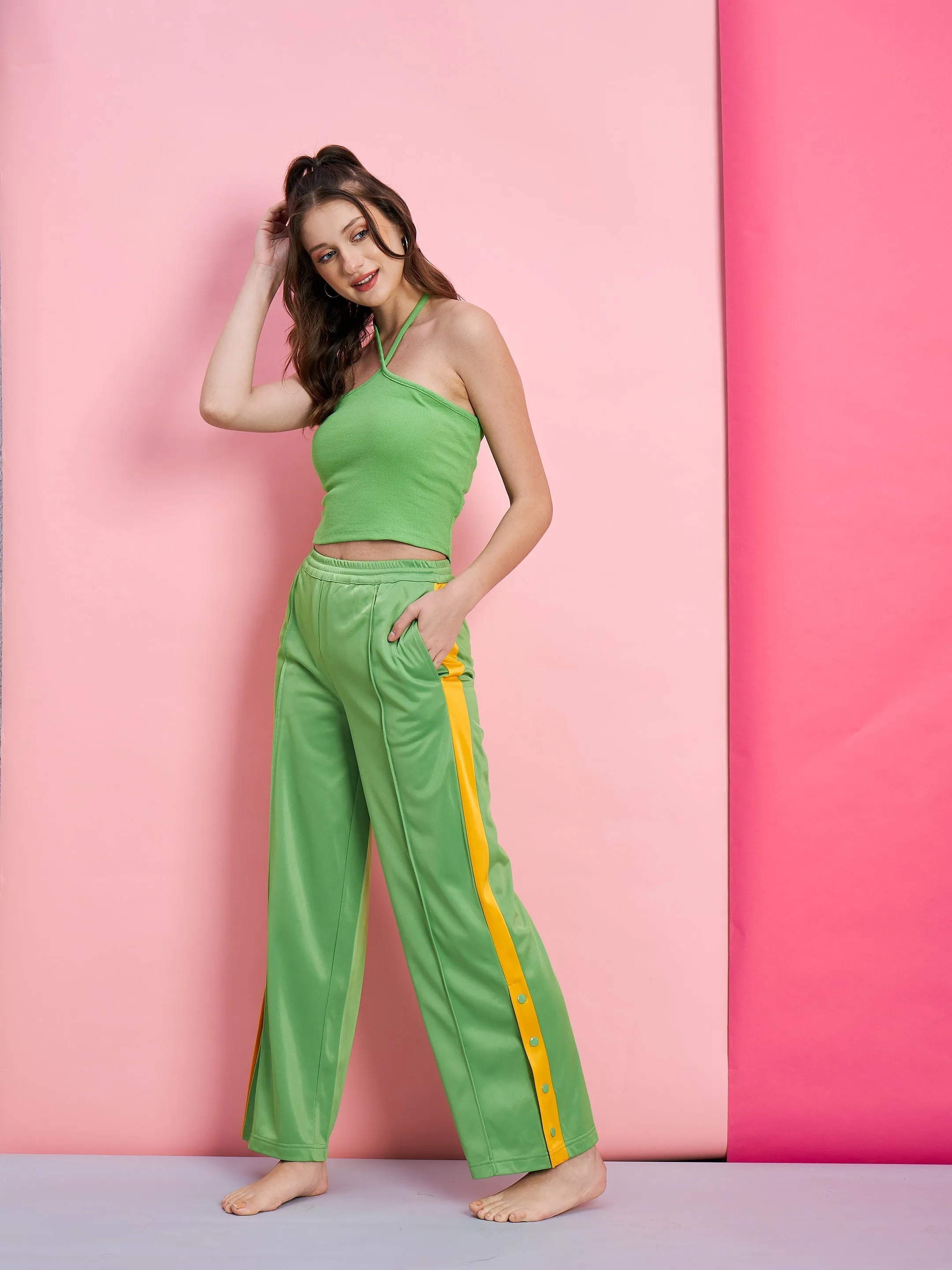 Women Green Side Button Track Pants