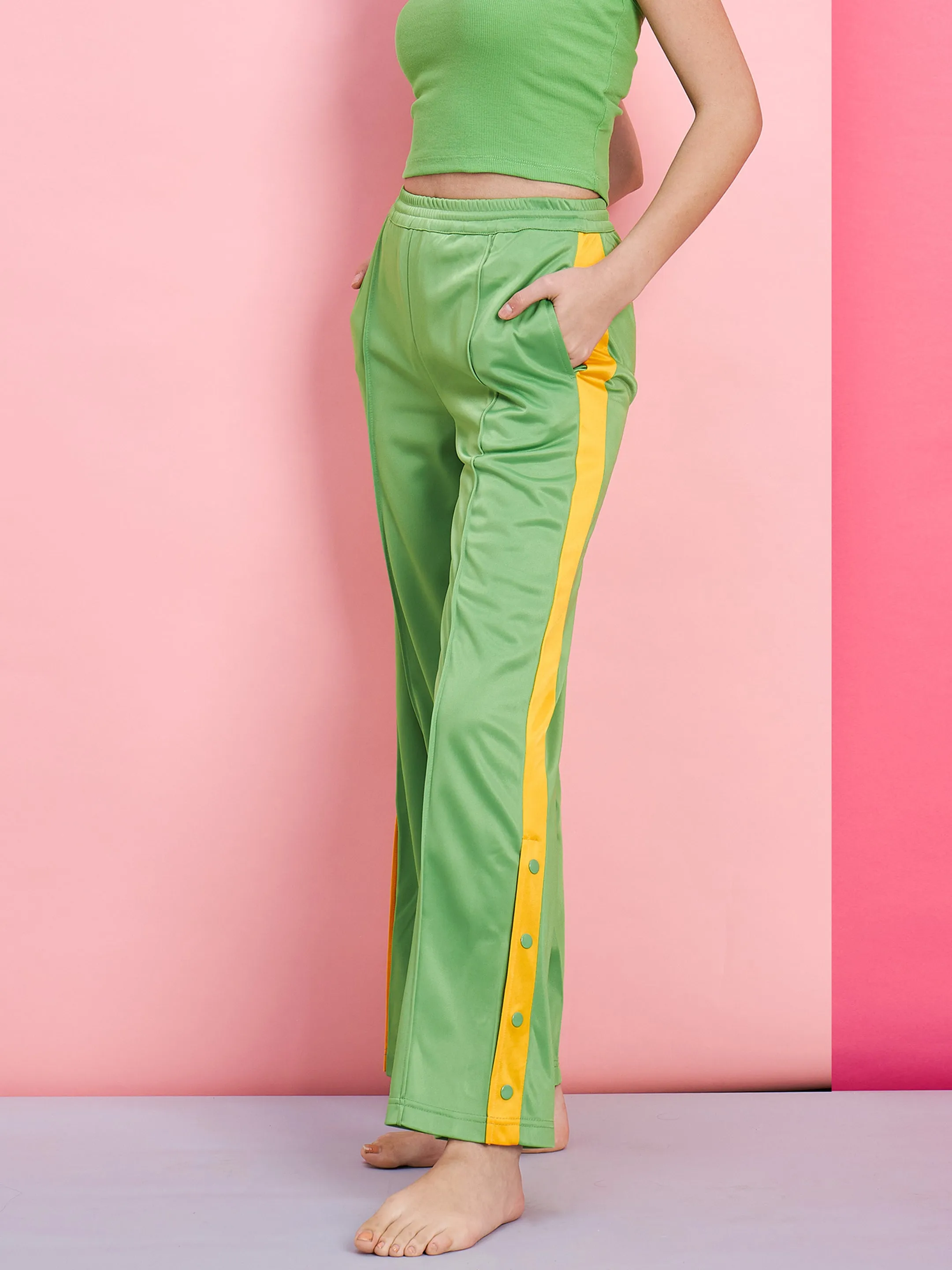 Women Green Side Button Track Pants