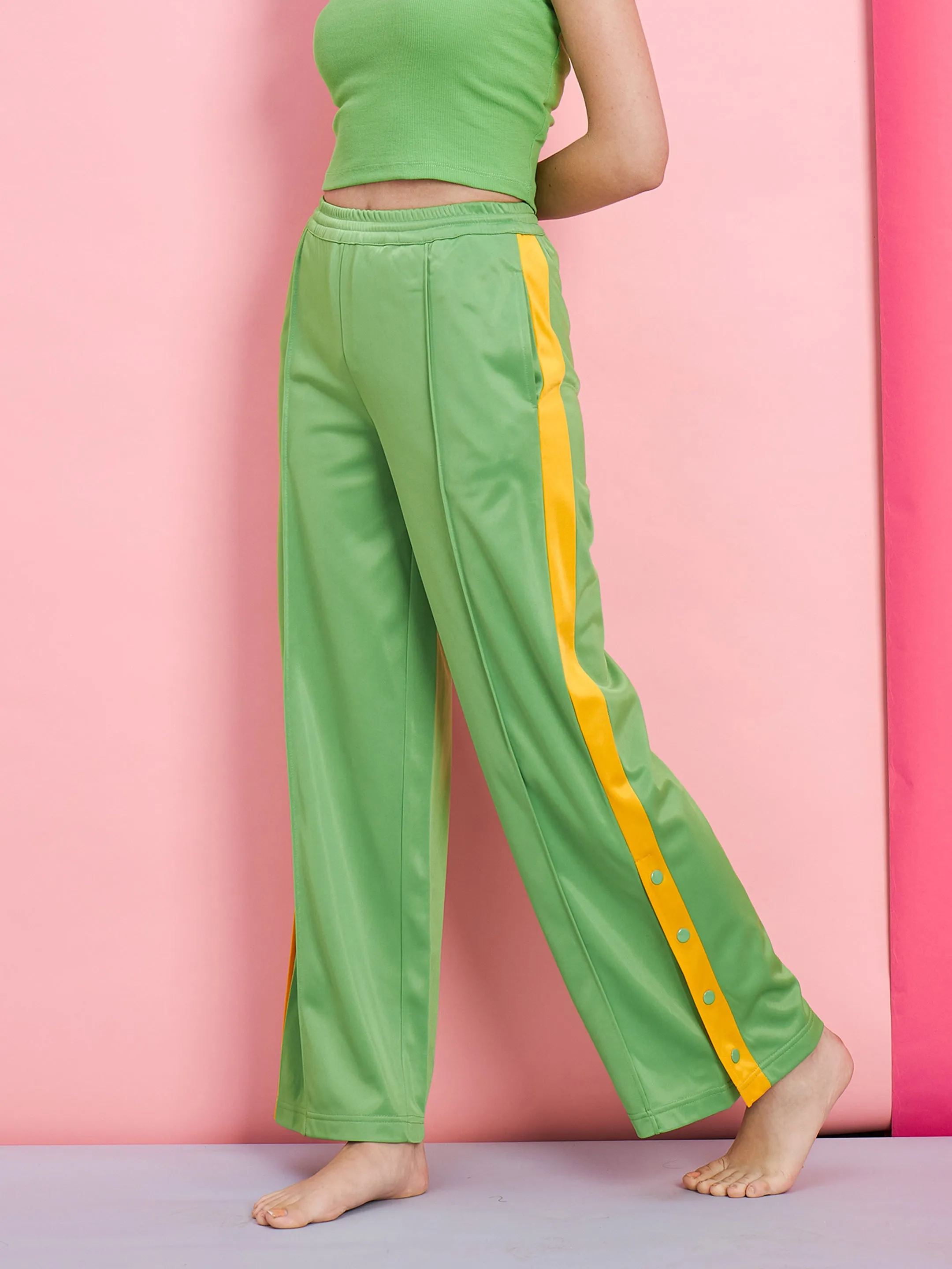 Women Green Side Button Track Pants