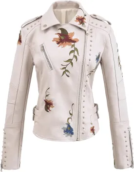Women's Embroidered Studded Faux Leather Jacket Moto Punk Jacket Floral Coat