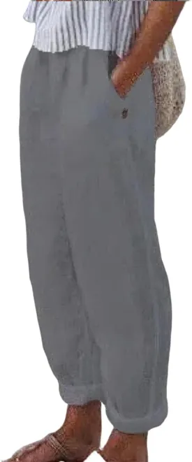 Womens Linen Pants with Pockets Loose Elastic High Waisted Comfy Beach Trousers Summer Lightweight Embroidered Casual Pants