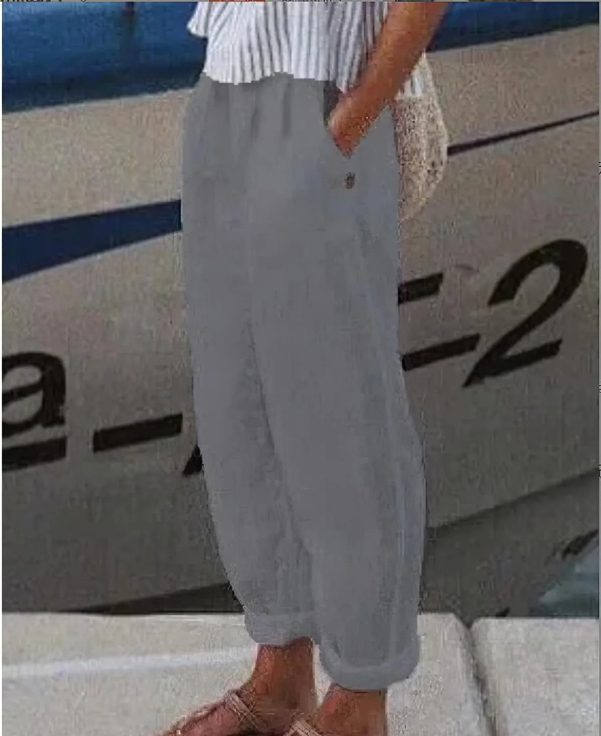 Womens Linen Pants with Pockets Loose Elastic High Waisted Comfy Beach Trousers Summer Lightweight Embroidered Casual Pants