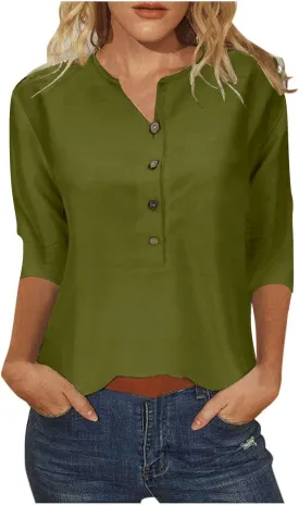 Womens Summer Tops Button Up V Neck 3/4 Sleeve Blouse Fashion Soft Solid Plain Top Casual Shirts Going Out