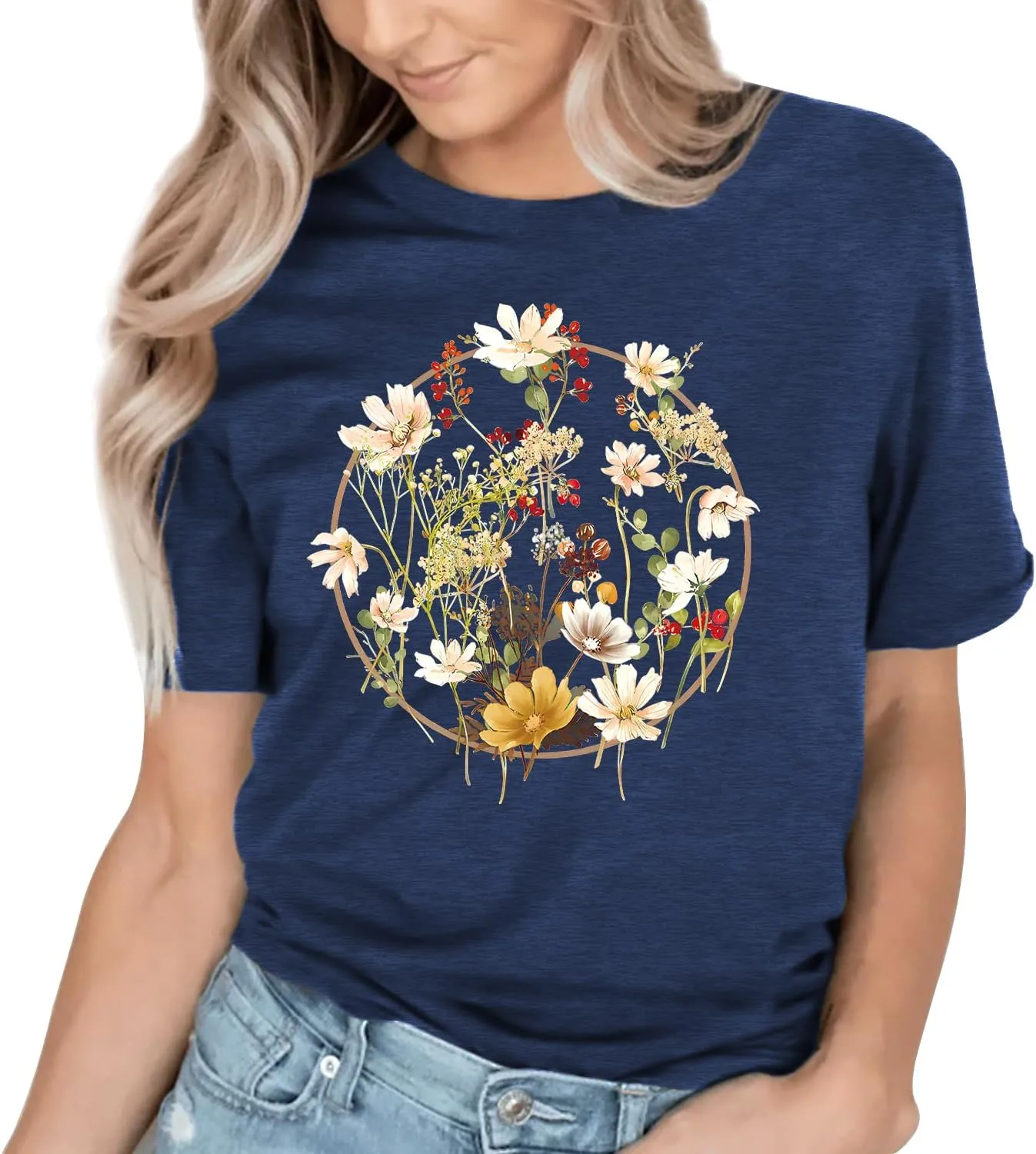 Women's Vintage Flowers Shirt Casual Boho Floral Printed Shirts Sunflower Wildflowers Graphic Tee Tops 