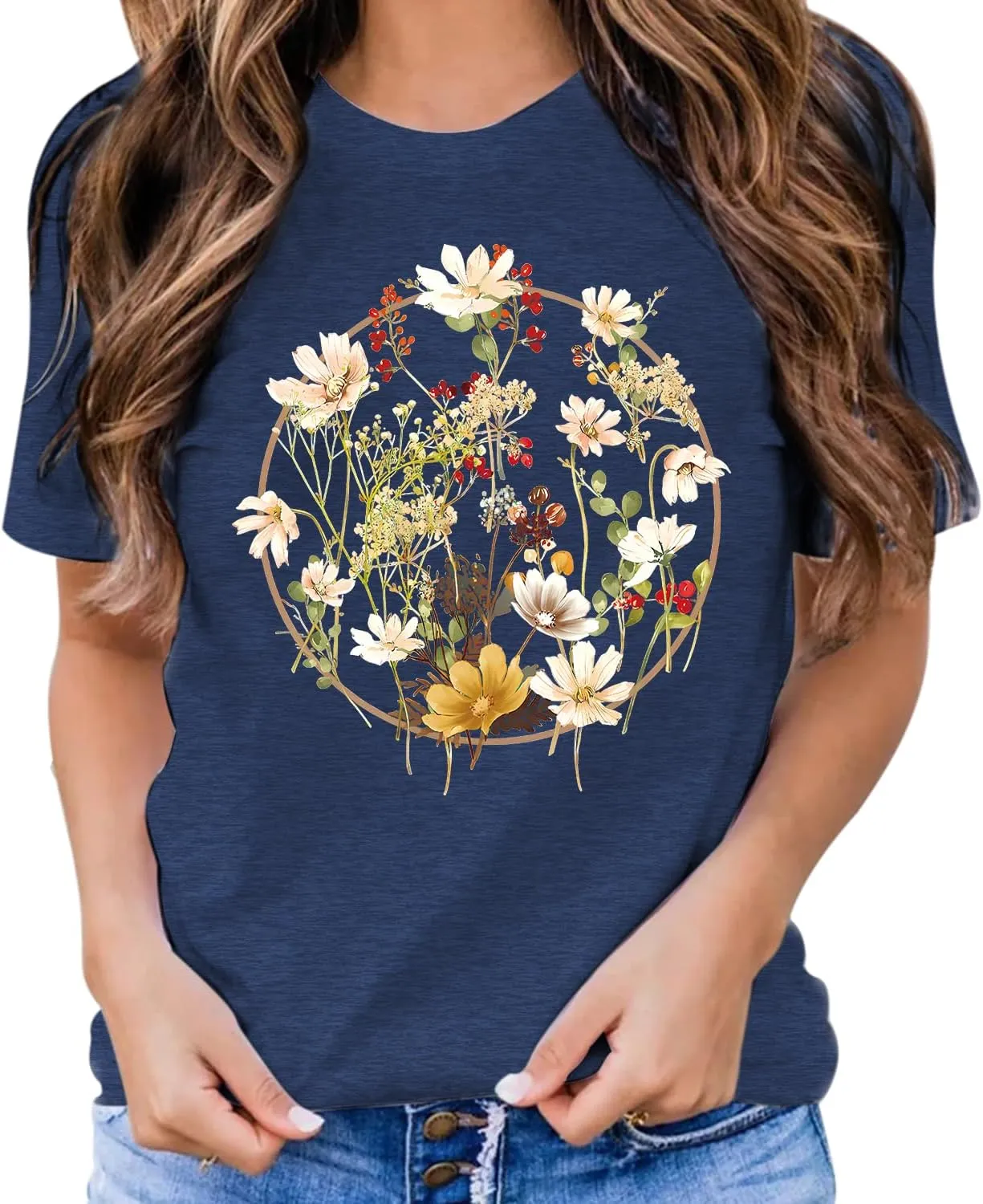 Women's Vintage Flowers Shirt Casual Boho Floral Printed Shirts Sunflower Wildflowers Graphic Tee Tops 