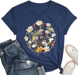 Women's Vintage Flowers Shirt Casual Boho Floral Printed Shirts Sunflower Wildflowers Graphic Tee Tops 