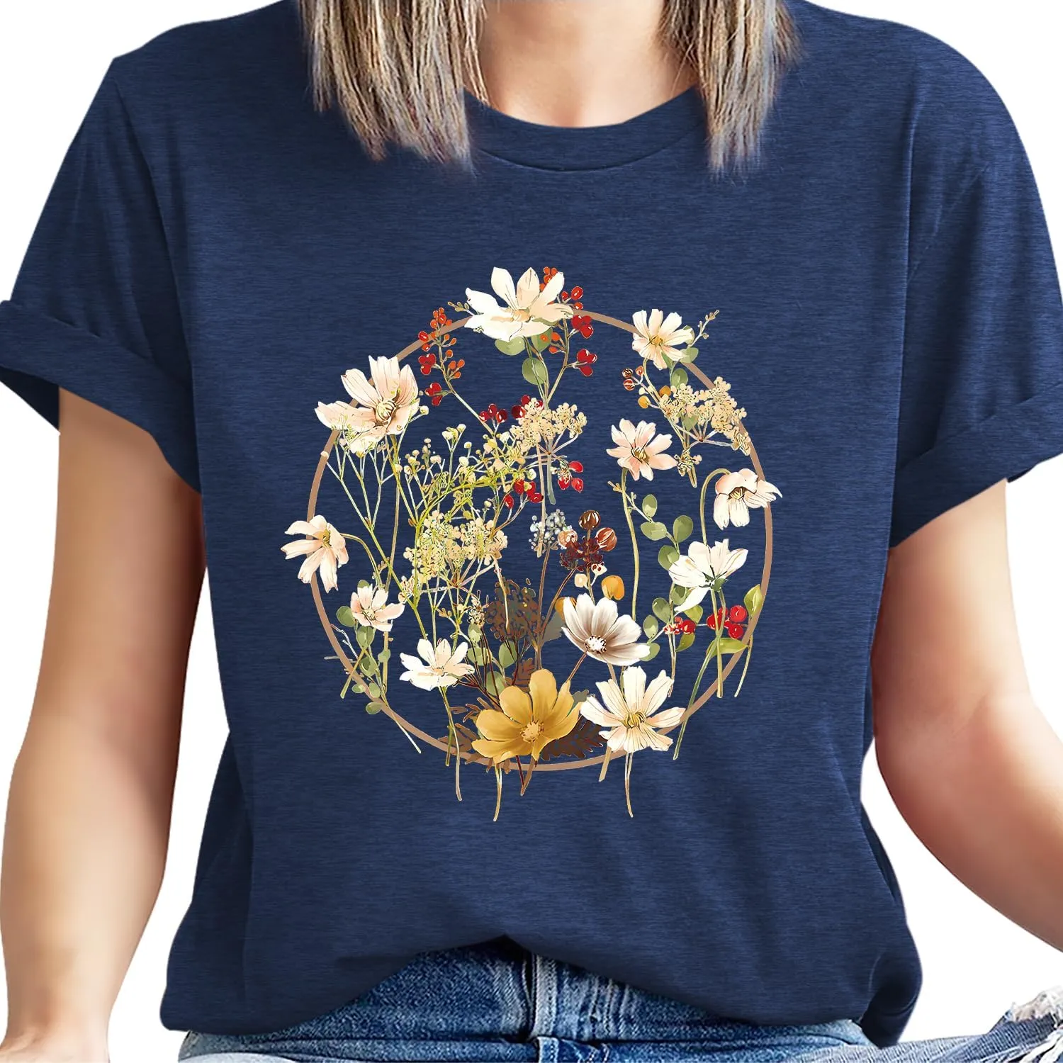Women's Vintage Flowers Shirt Casual Boho Floral Printed Shirts Sunflower Wildflowers Graphic Tee Tops 