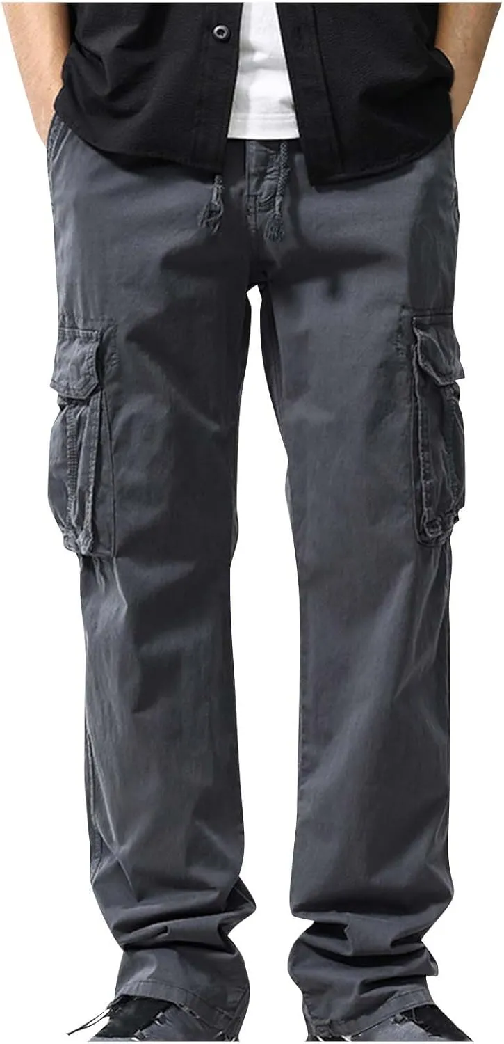 Xiaojmake Men's Outdoor Elastic Waist Cargo Pants Casual Loose Fit Workwear Straight Athletic Trousers Pull On Military Pant