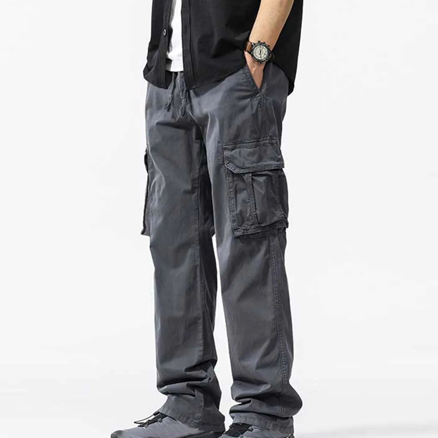Xiaojmake Men's Outdoor Elastic Waist Cargo Pants Casual Loose Fit Workwear Straight Athletic Trousers Pull On Military Pant